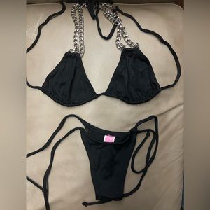 NWOT Sexy Handmade Biker Chic Rock N Roll Tri-Top Tie-Side Bottom Thong Bikini